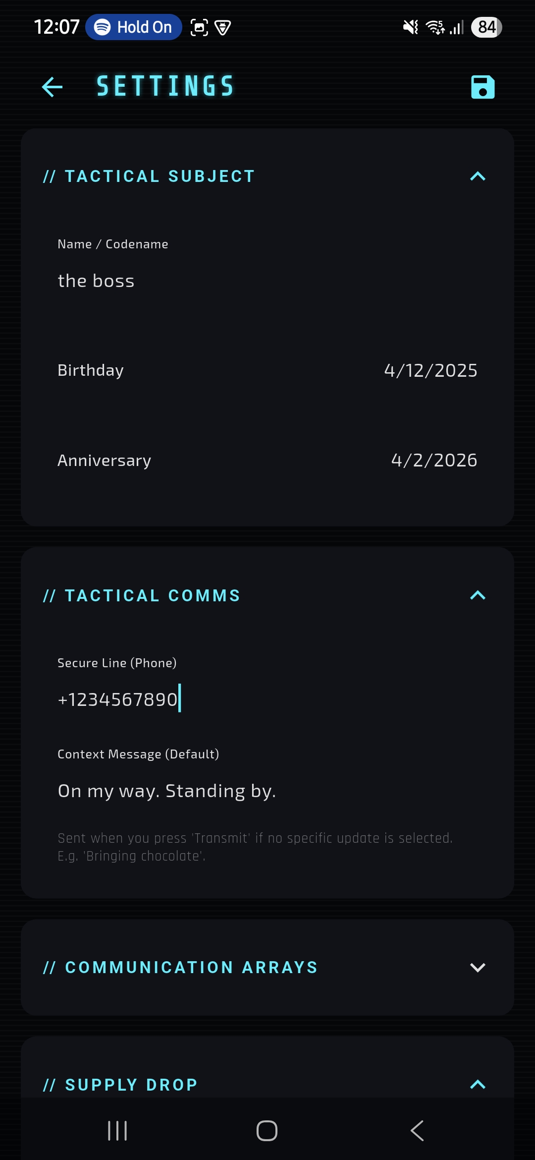 App screenshot for the gallery showing comms. Recommended size: 300x650.